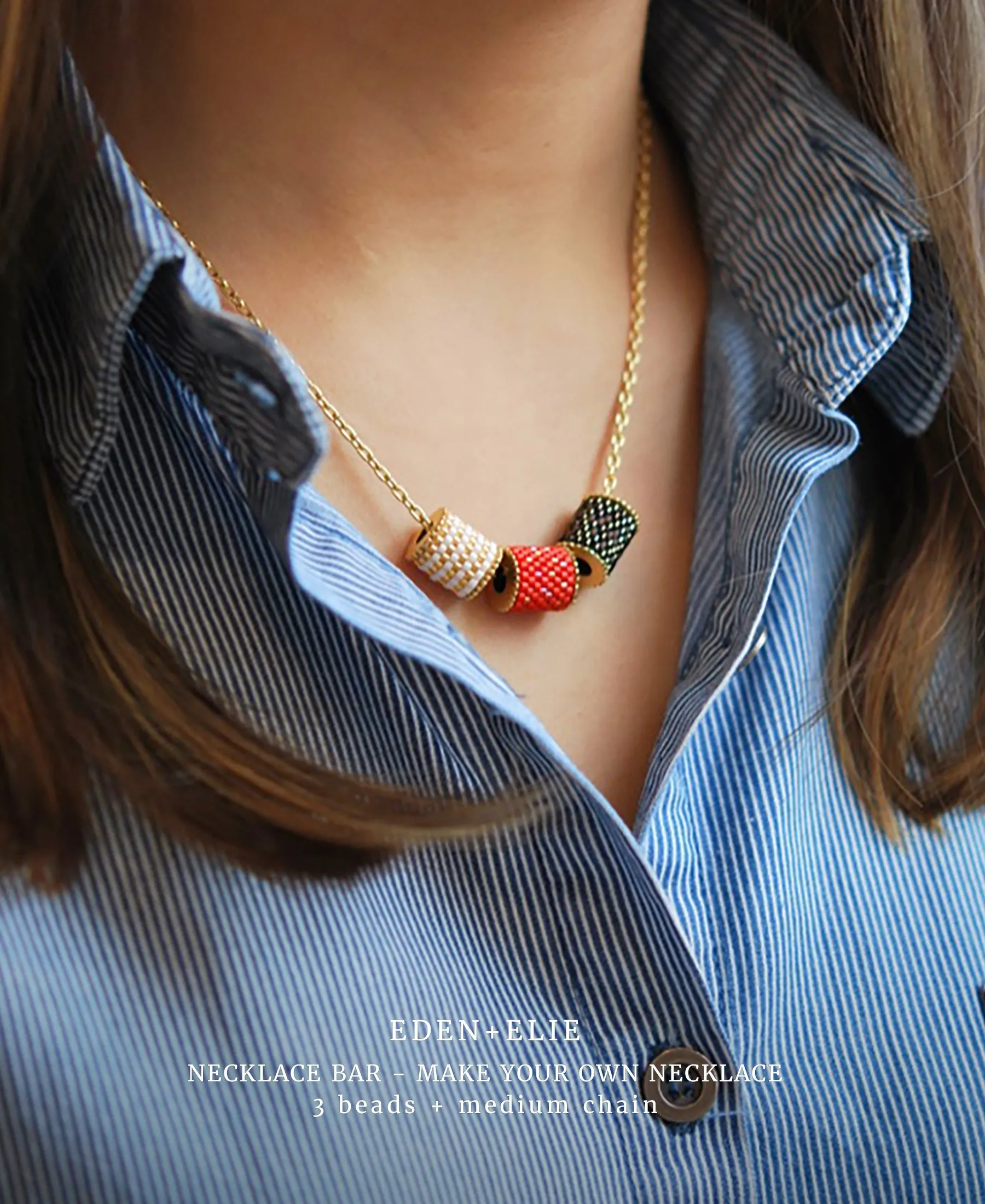 EDEN + ELIE Necklace Bar 3 bead starter set - coral + bark + white gold striped