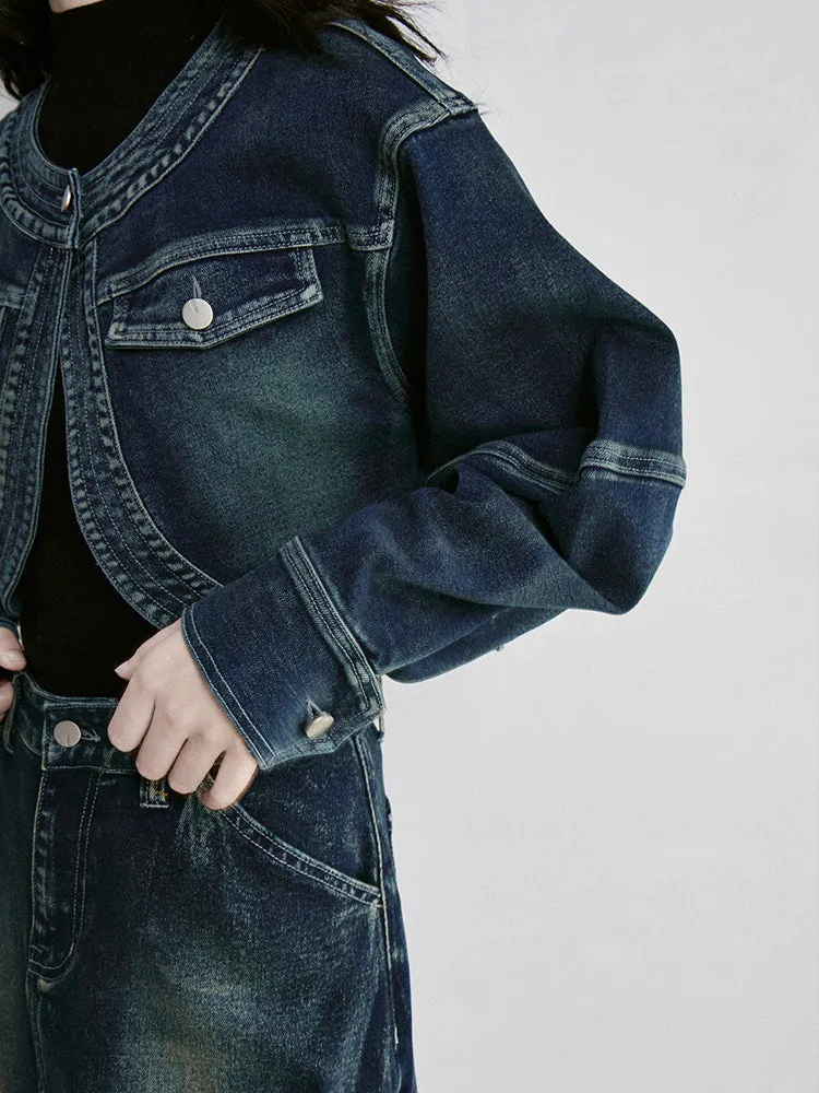 Faded No-Collar Vintage Retro Casual Denim-Jacket