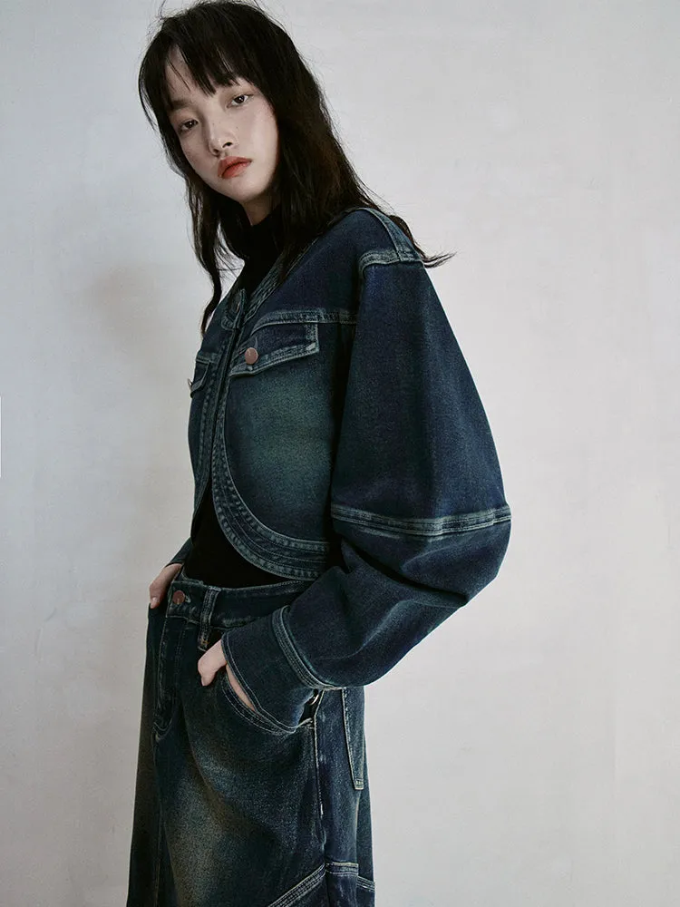 Faded No-Collar Vintage Retro Casual Denim-Jacket