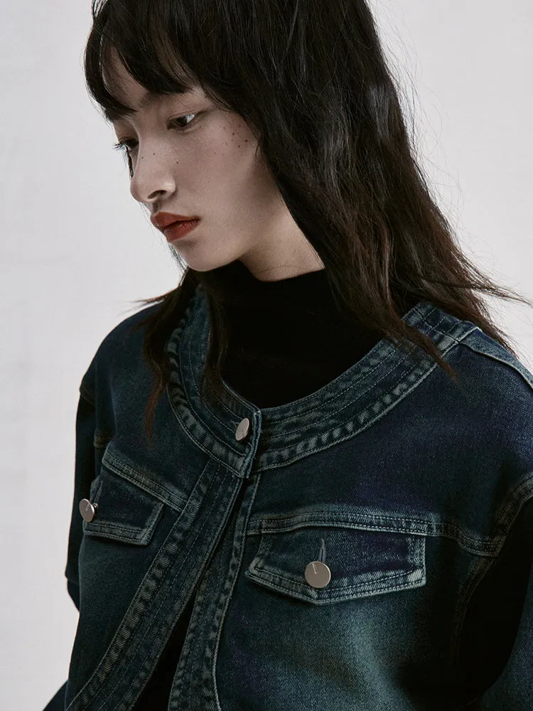 Faded No-Collar Vintage Retro Casual Denim-Jacket