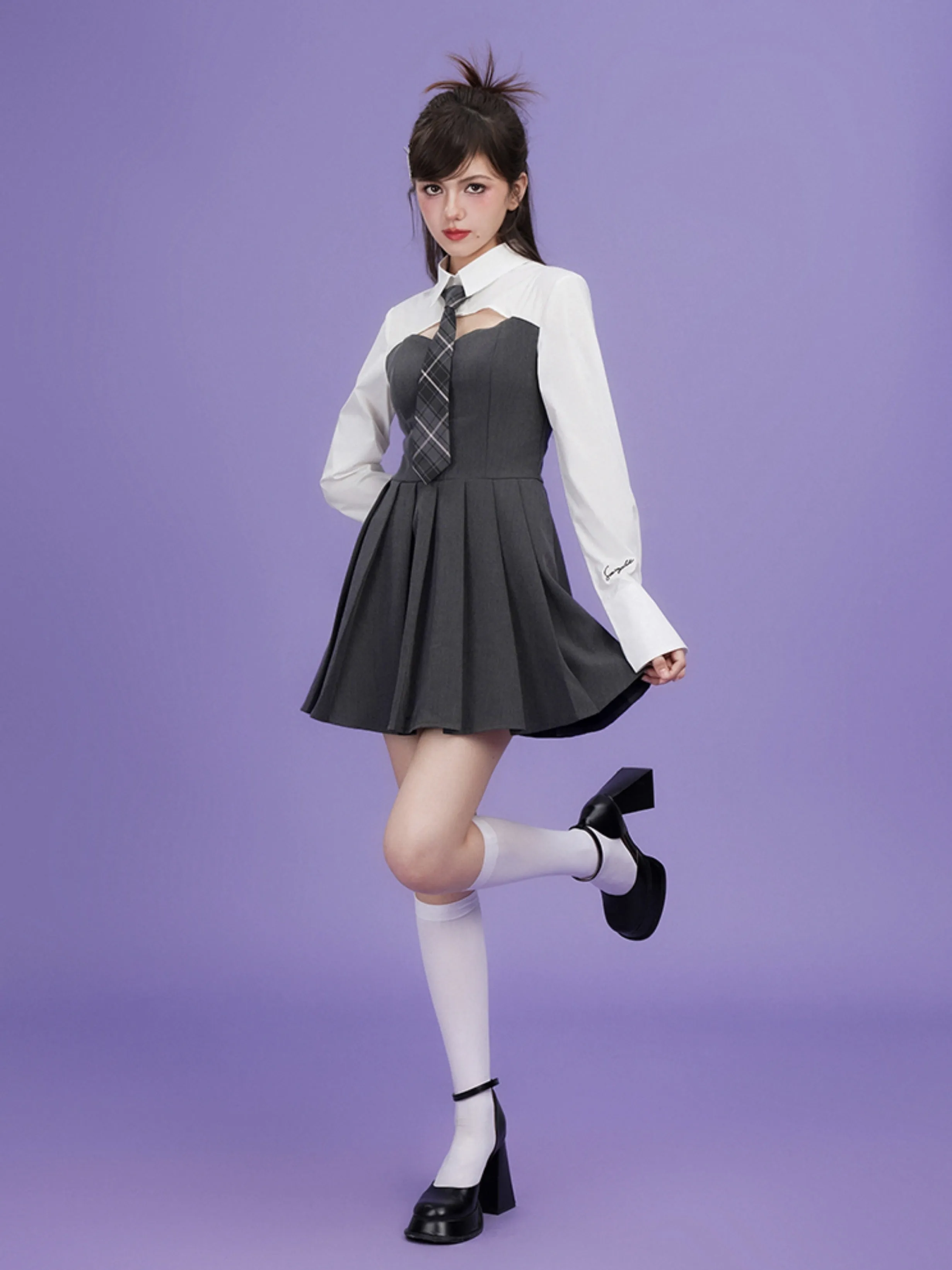 Fake Two-piece Girl Style Dress ＆ Tie