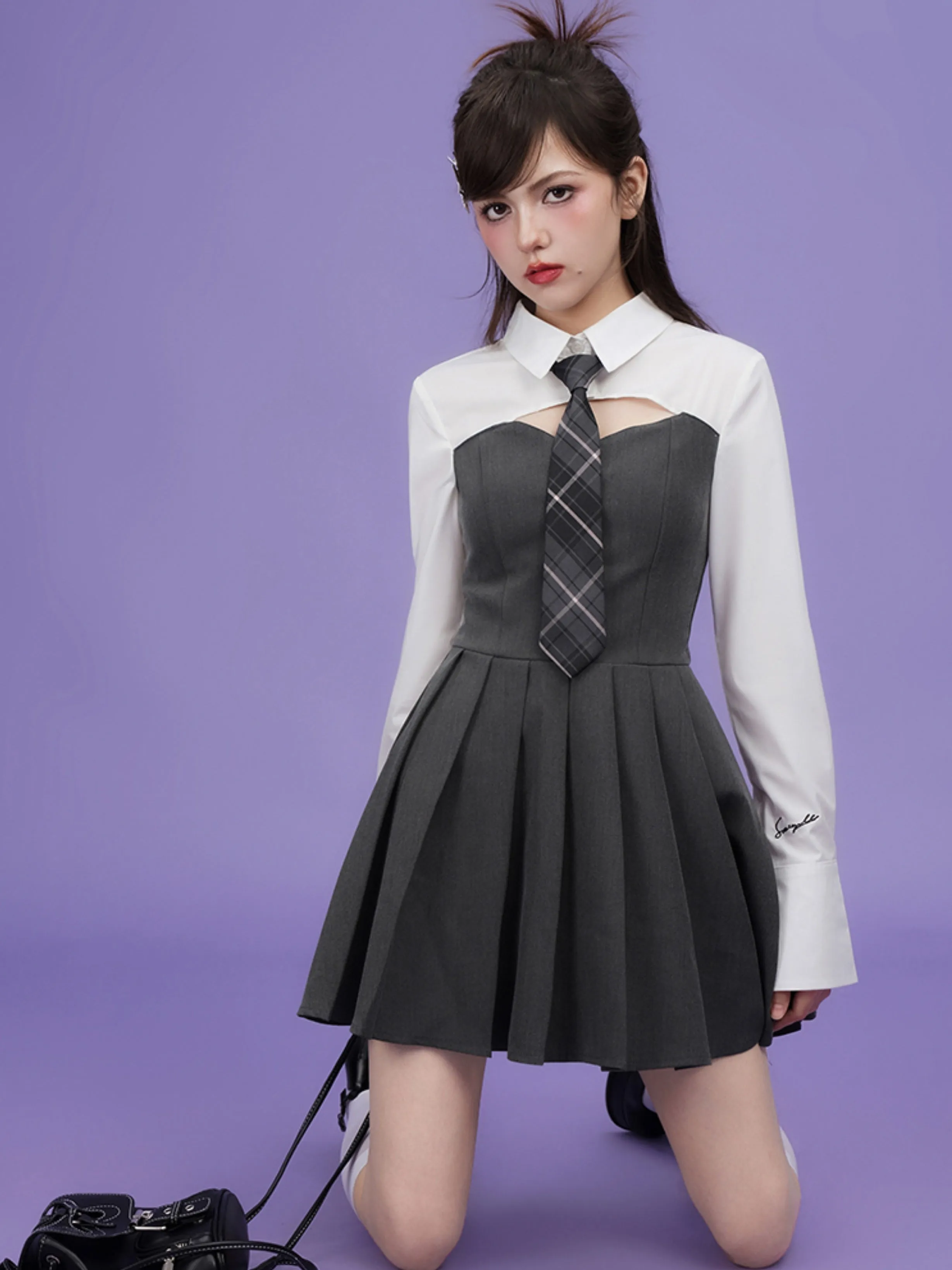 Fake Two-piece Girl Style Dress ＆ Tie