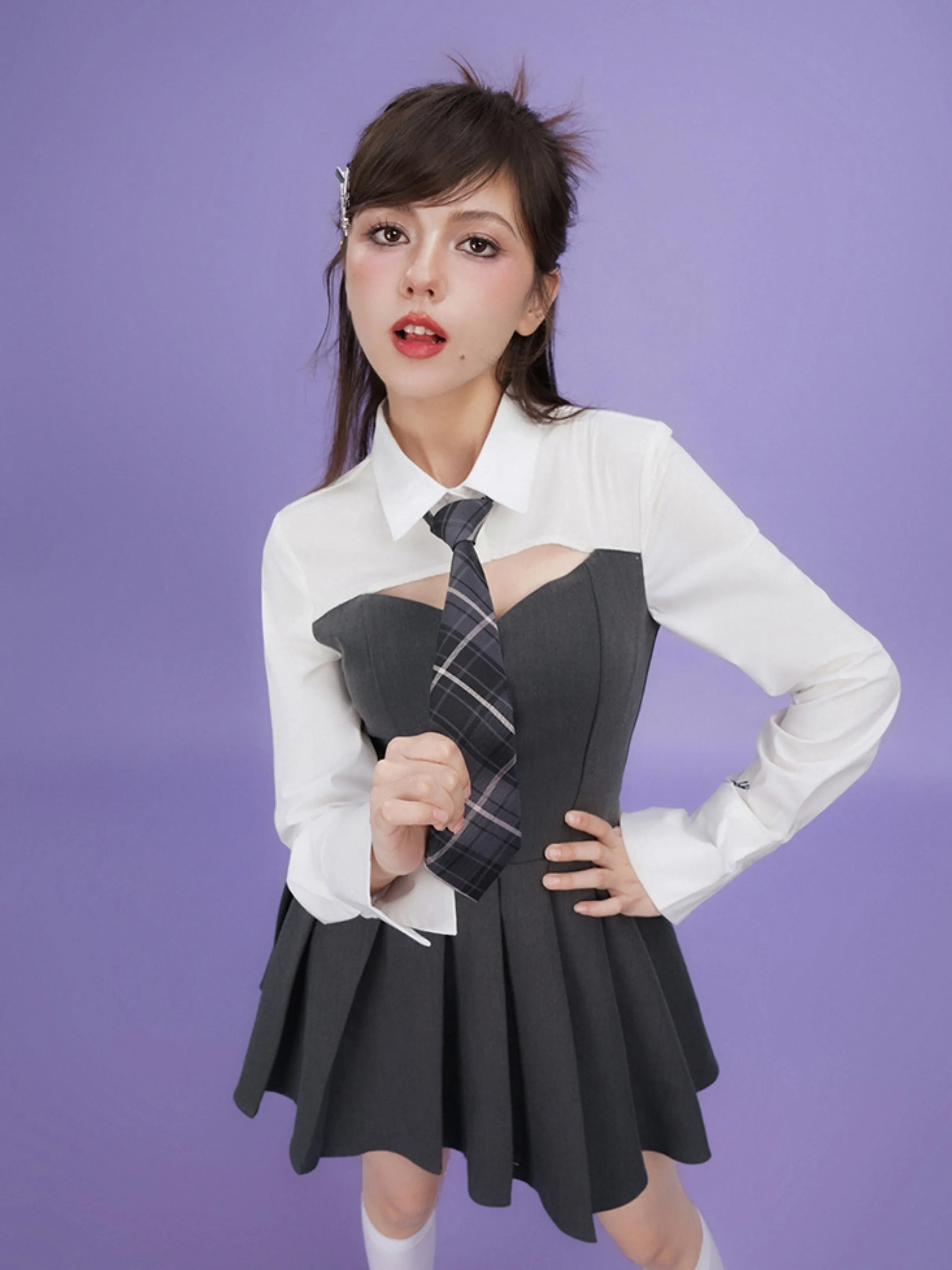 Fake Two-piece Girl Style Dress ＆ Tie