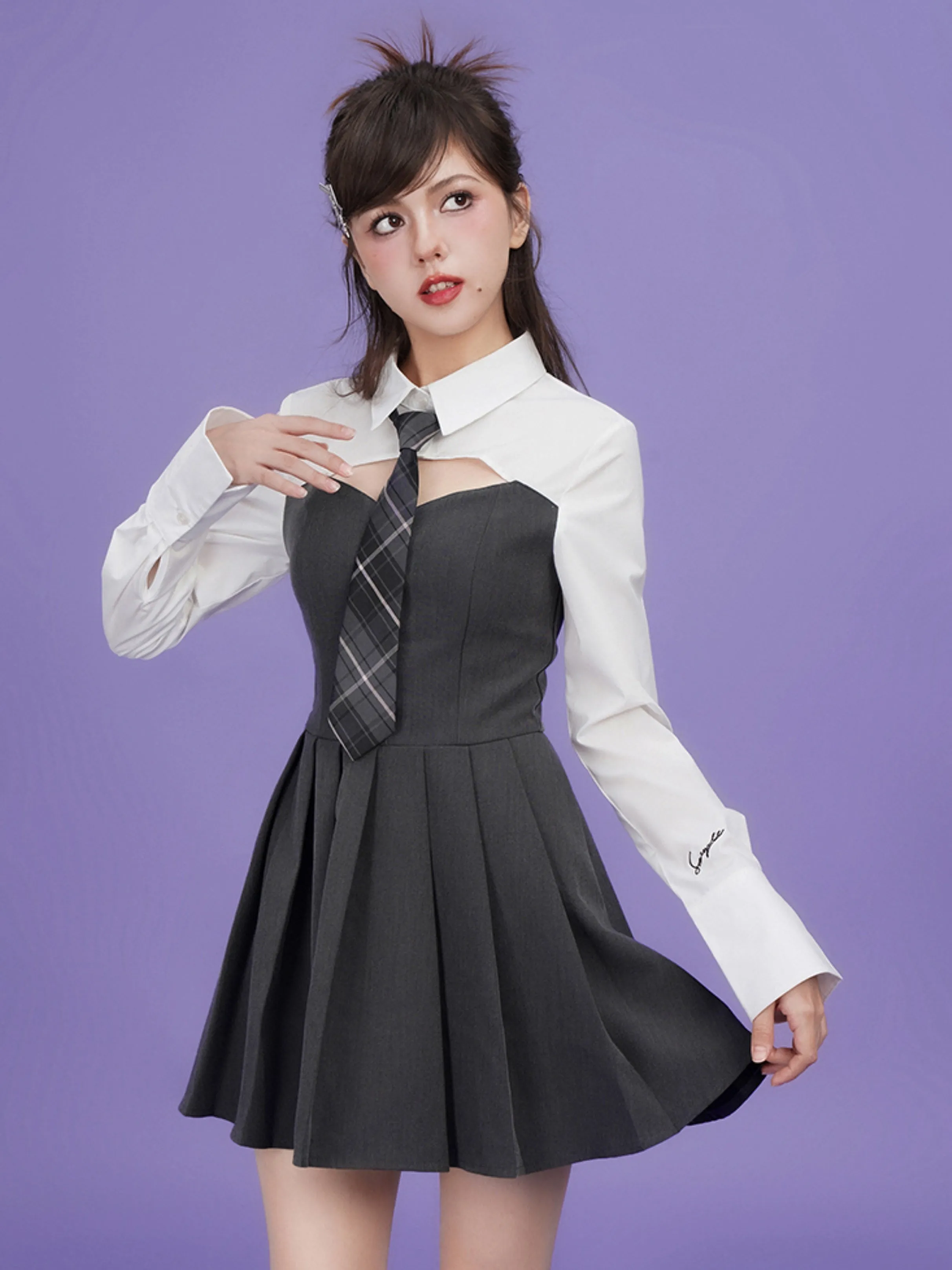 Fake Two-piece Girl Style Dress ＆ Tie