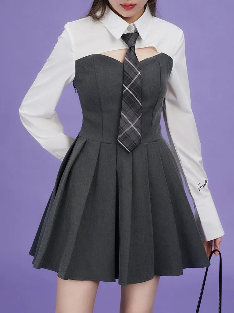 Fake Two-piece Girl Style Dress ＆ Tie