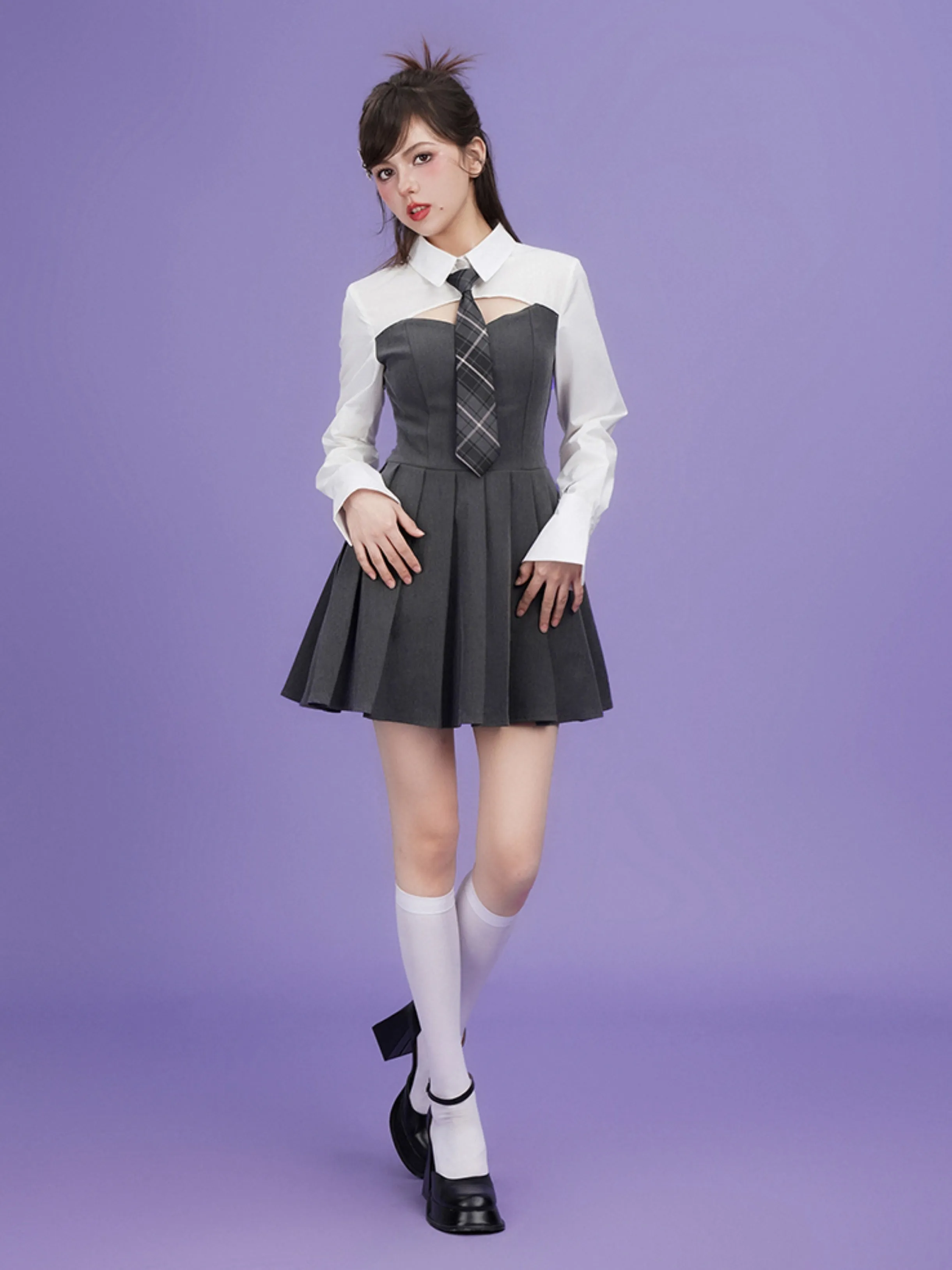 Fake Two-piece Girl Style Dress ＆ Tie