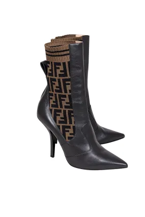 Fendi - Brown Leather & Monogram FF Knit Short Boots Sz 11