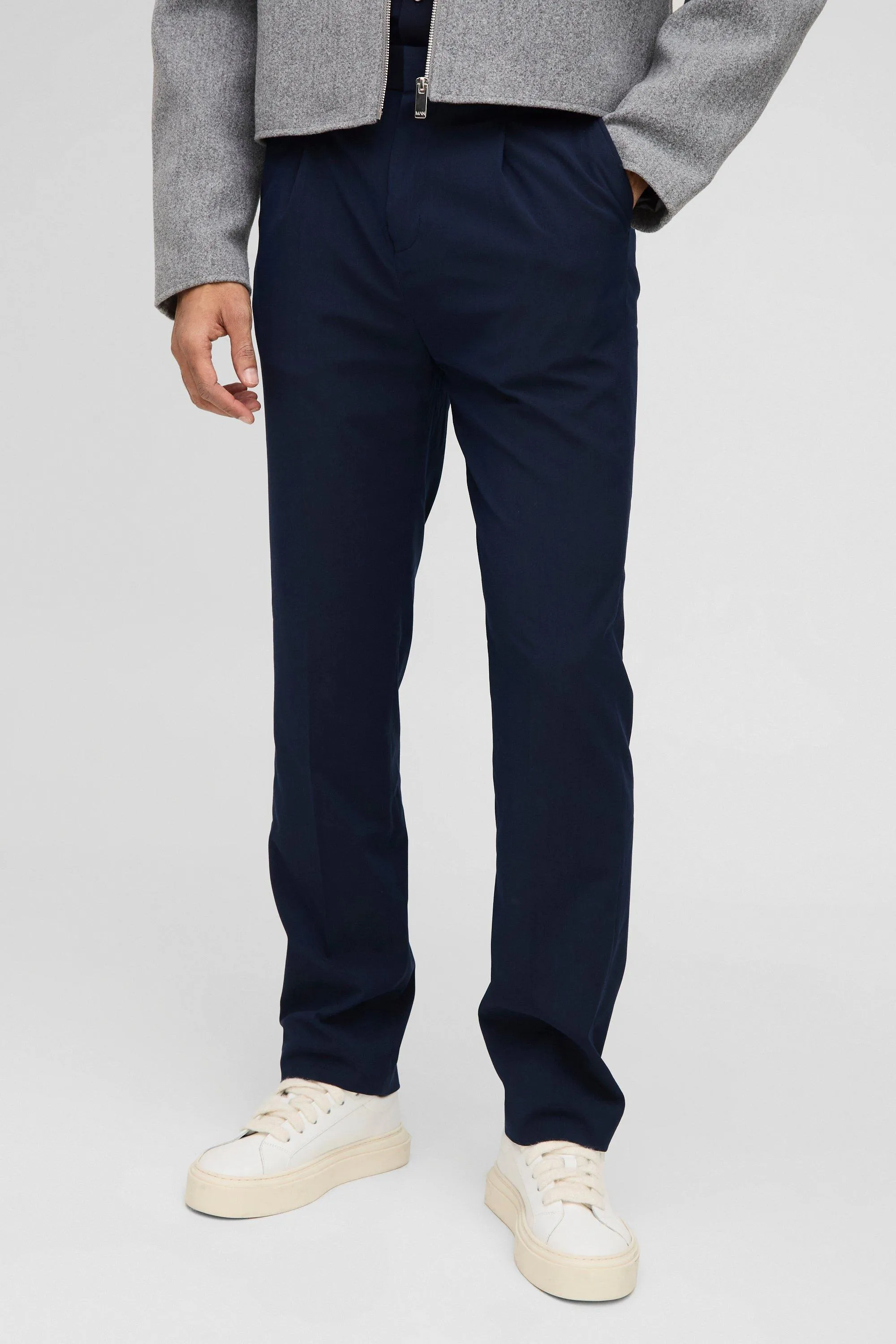 Fixed Waist Pleat Front Straight Tailored Trousers