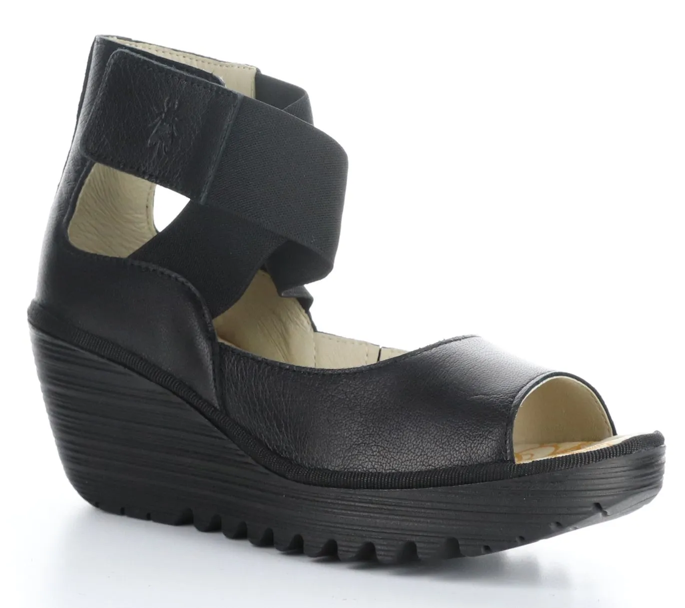 Fly London Yefi Black Leather Wedges