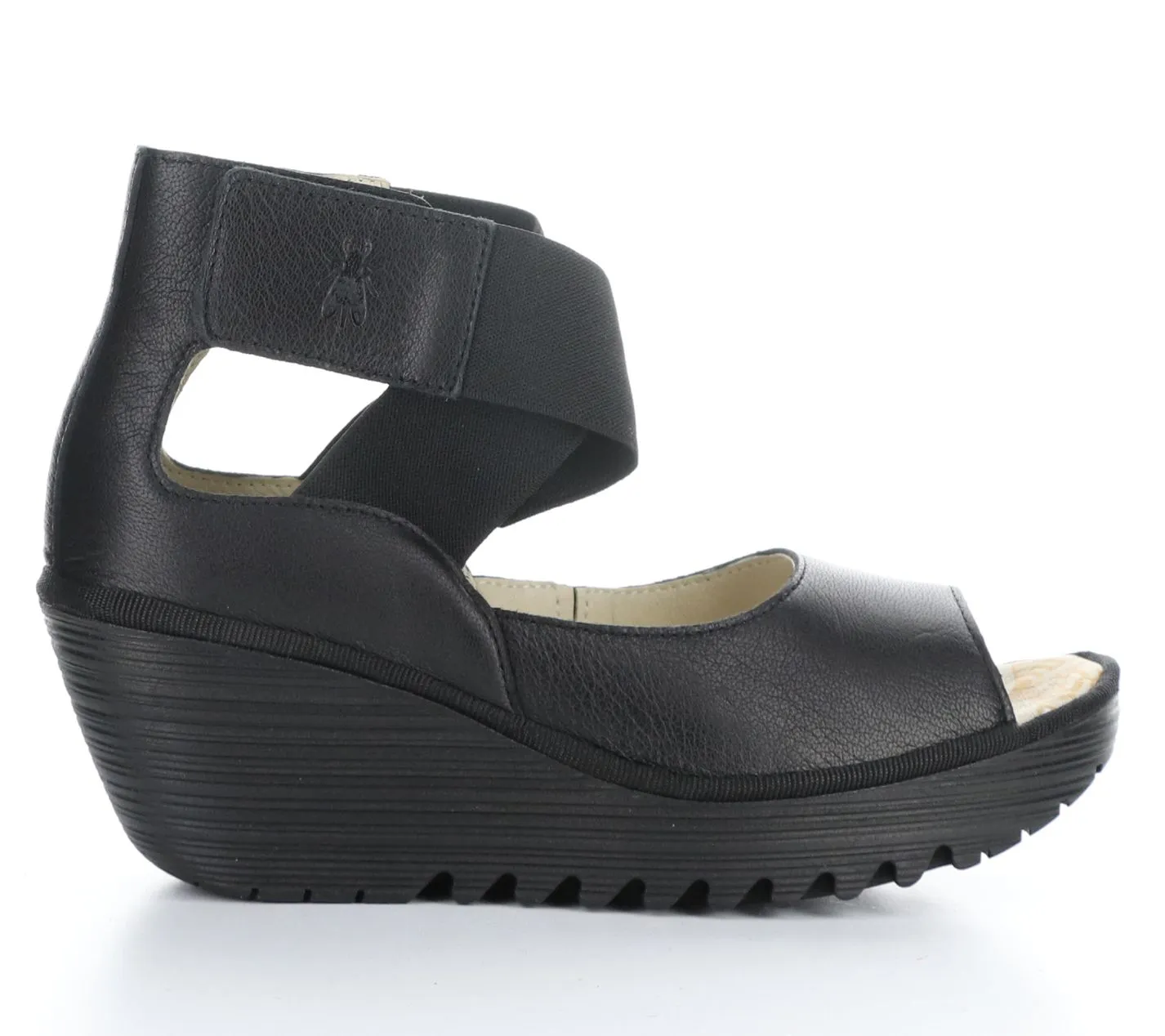 Fly London Yefi Black Leather Wedges