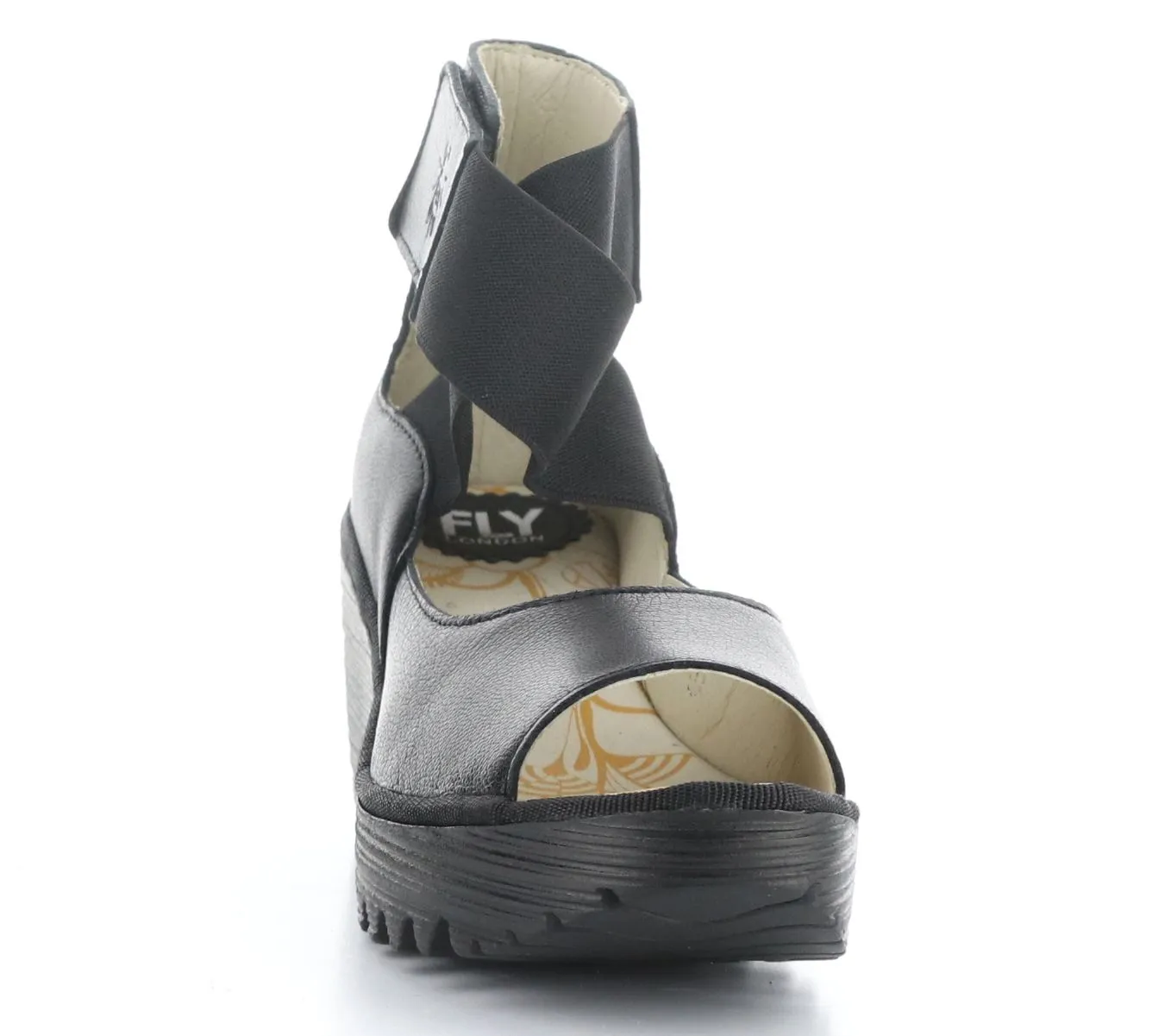 Fly London Yefi Black Leather Wedges