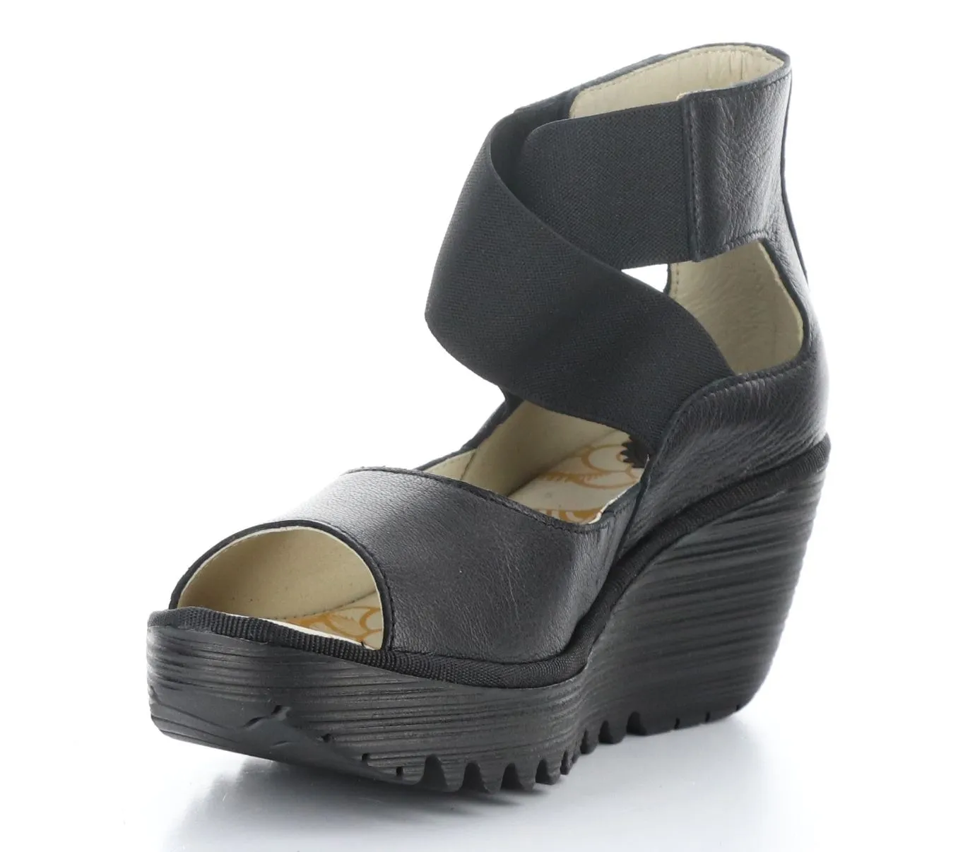 Fly London Yefi Black Leather Wedges