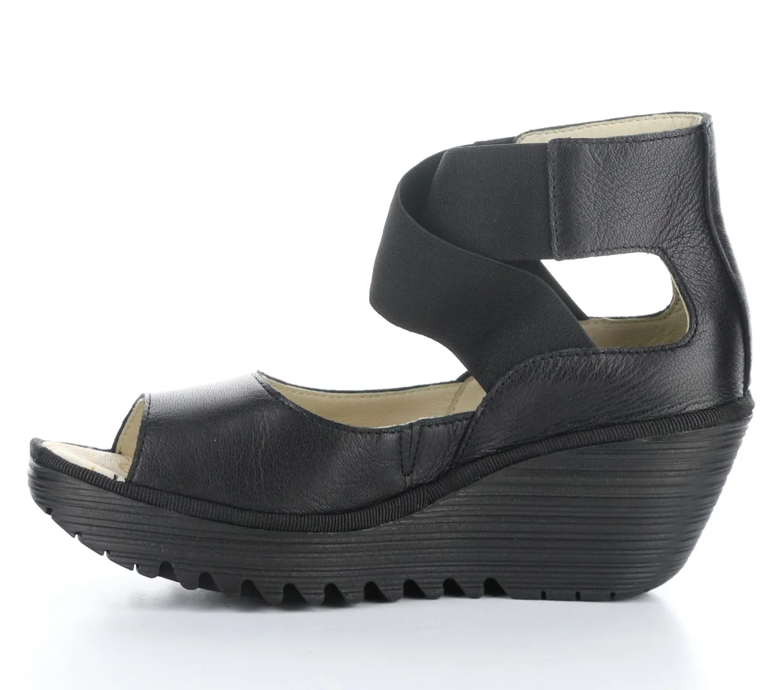 Fly London Yefi Black Leather Wedges