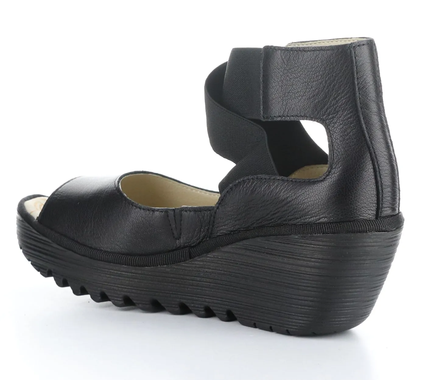 Fly London Yefi Black Leather Wedges