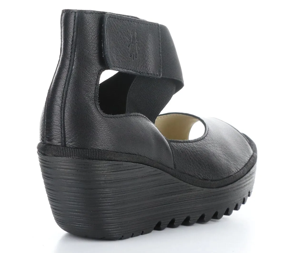 Fly London Yefi Black Leather Wedges