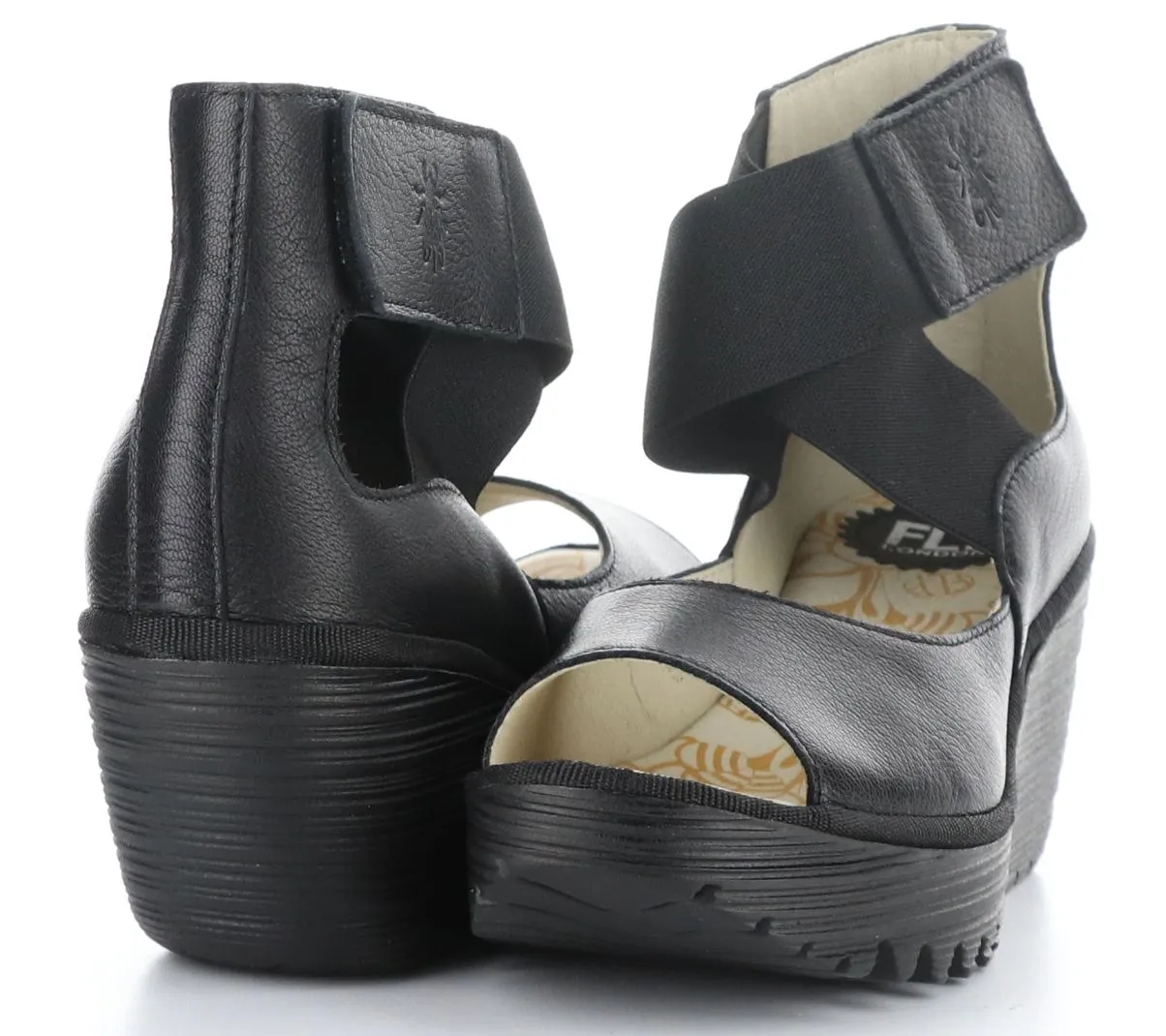 Fly London Yefi Black Leather Wedges