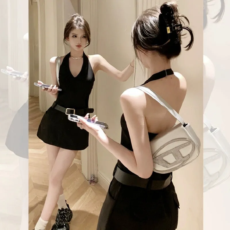 French Hepburn style backless halter dress women's summer dress 2024 new sexy pure lust sweet hot girl little black skirt