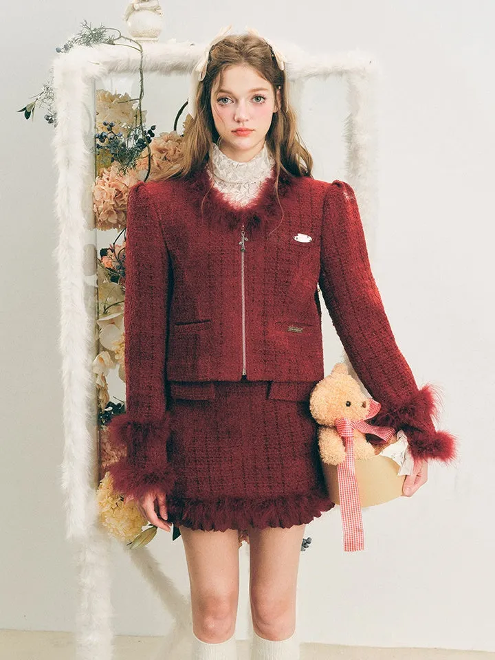 Fur Trimming Stitch Tweed No-Collar Jacket ＆ Skirt