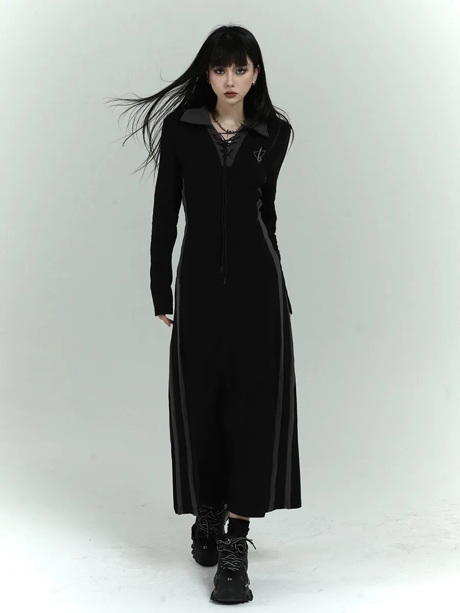 Ghost Girl Early Spring Long Sleeve Polo Dress Women's Spring and Autumn Slim Temperament Long Sweatshirt Skirt Black Long Skirt