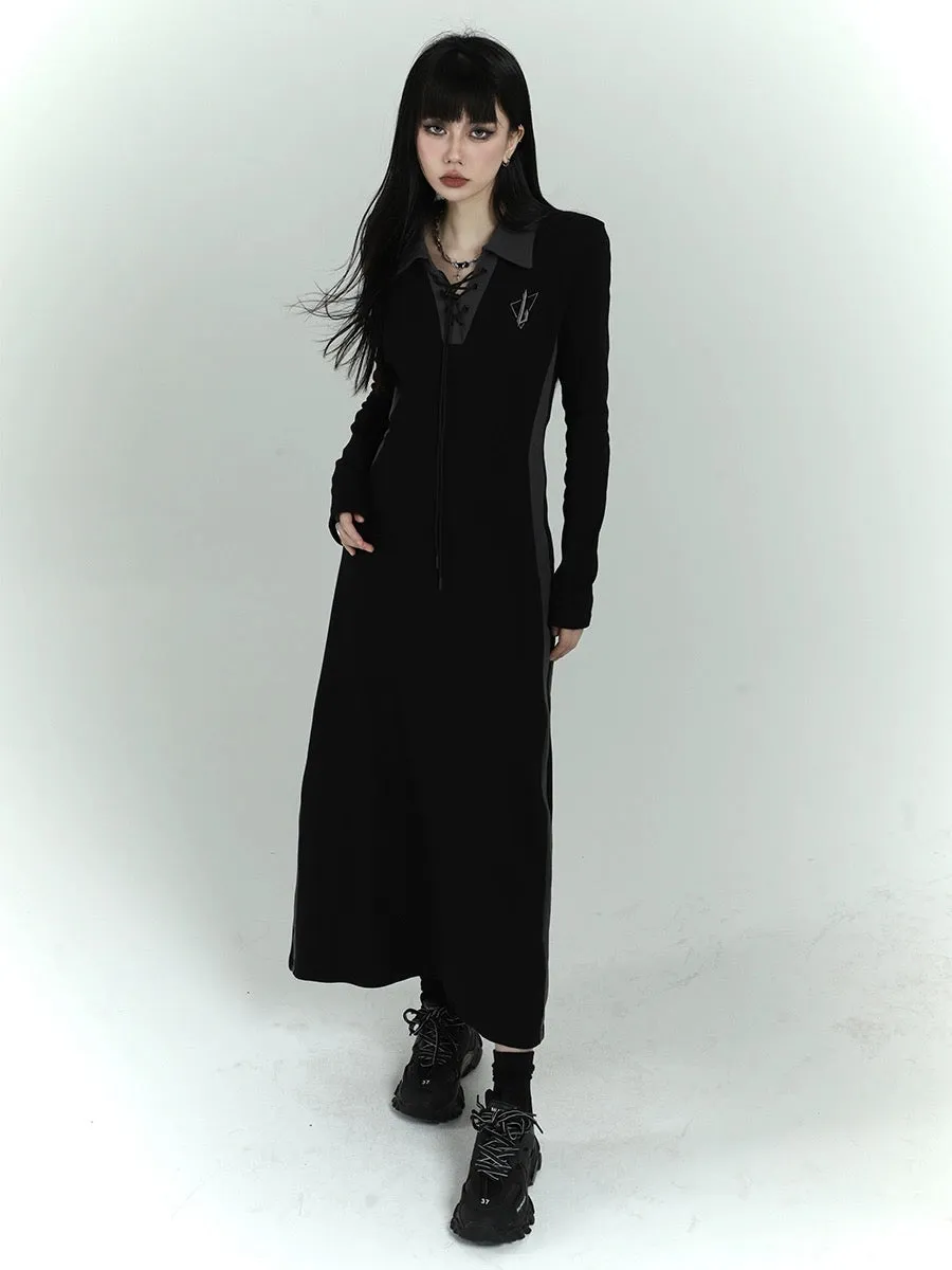 Ghost Girl Early Spring Long Sleeve Polo Dress Women's Spring and Autumn Slim Temperament Long Sweatshirt Skirt Black Long Skirt