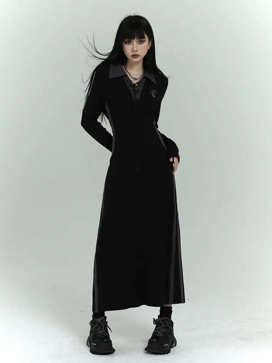 Ghost Girl Early Spring Long Sleeve Polo Dress Women's Spring and Autumn Slim Temperament Long Sweatshirt Skirt Black Long Skirt