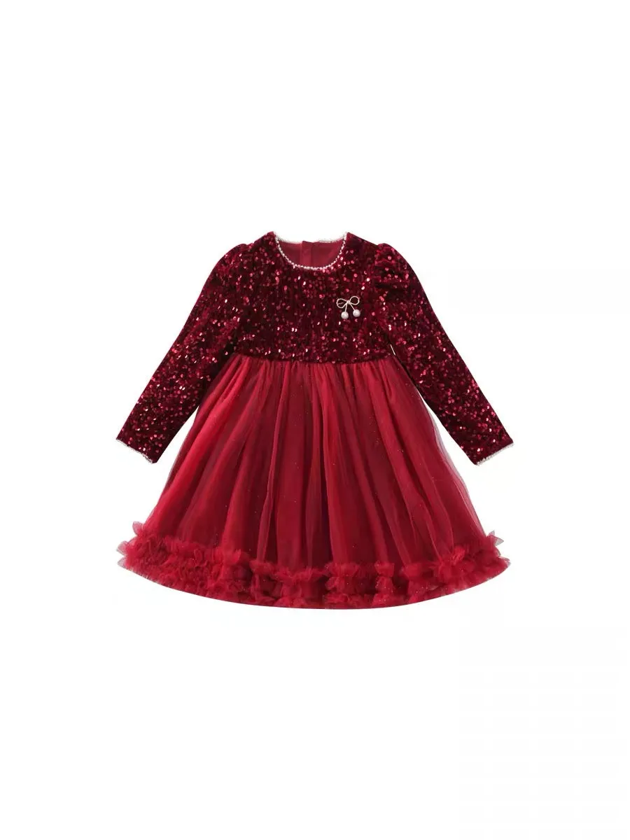 Girls Dress Autumn and Winter New Style Internet Celebrity Children's Sequin Princess Dress Girl Red Bow Dress