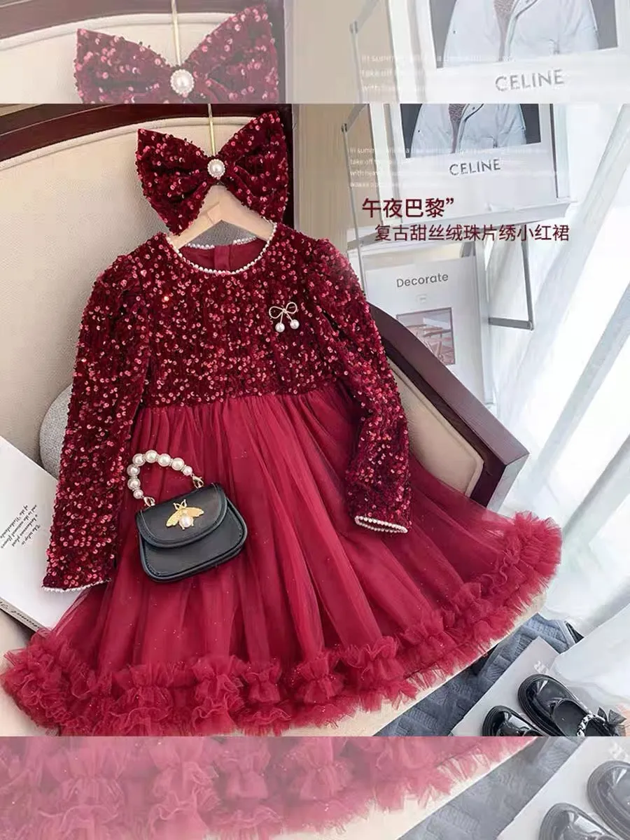 Girls Dress Autumn and Winter New Style Internet Celebrity Children's Sequin Princess Dress Girl Red Bow Dress