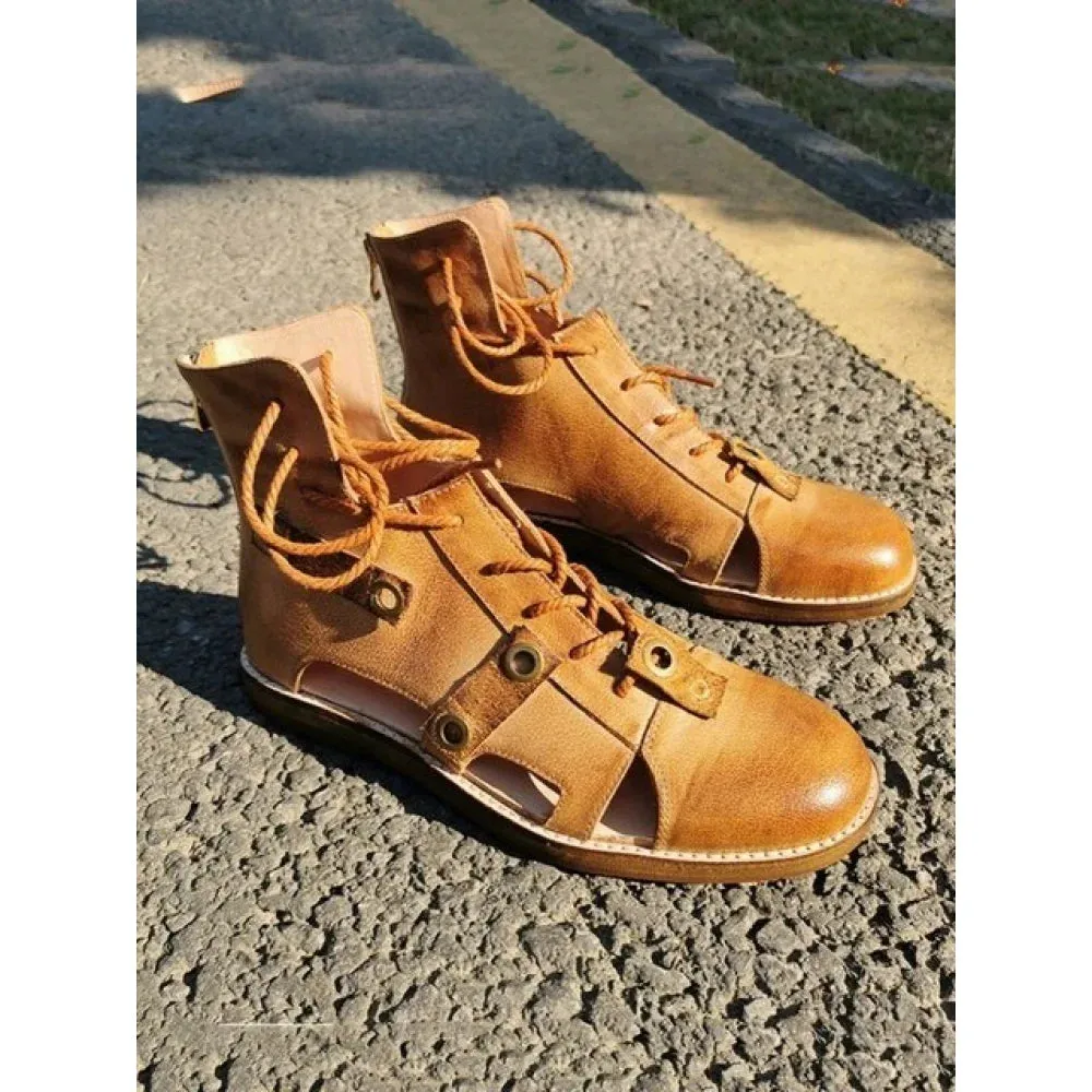 Vintage Gladiator Women Leather High Top Hollow Out Breathable Casual Shoes