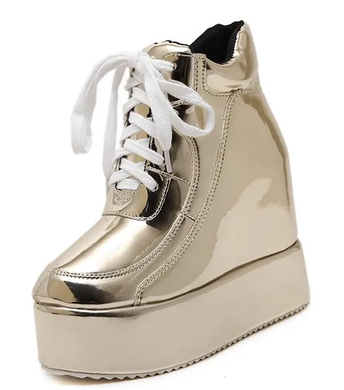 Gold Shiny Platforms Lace-Up High Top Sneakers