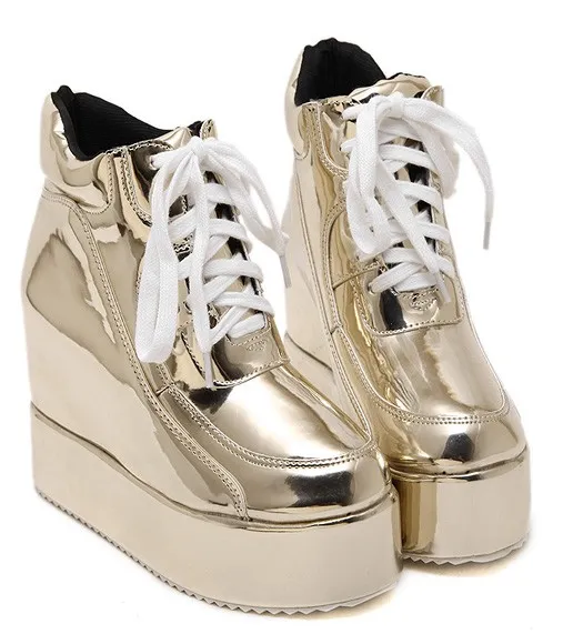 Gold Shiny Platforms Lace-Up High Top Sneakers