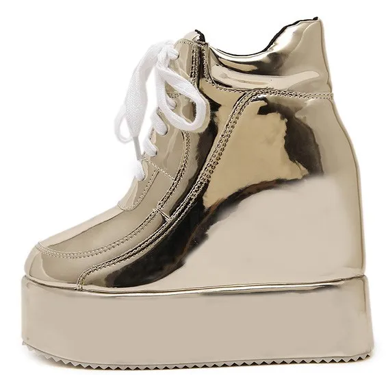 Gold Shiny Platforms Lace-Up High Top Sneakers