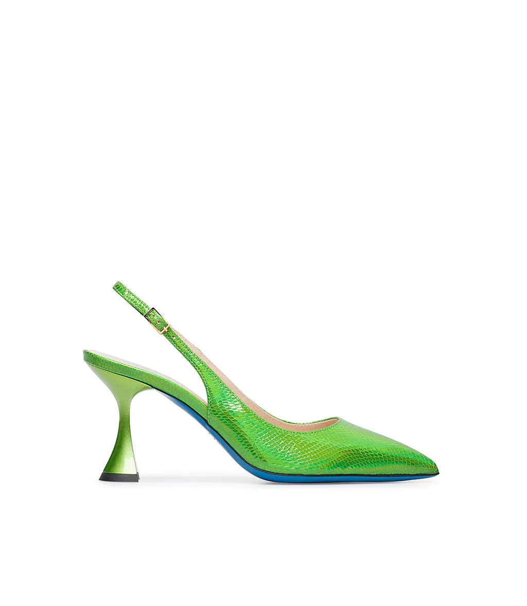 Green leather printed slingback pumps