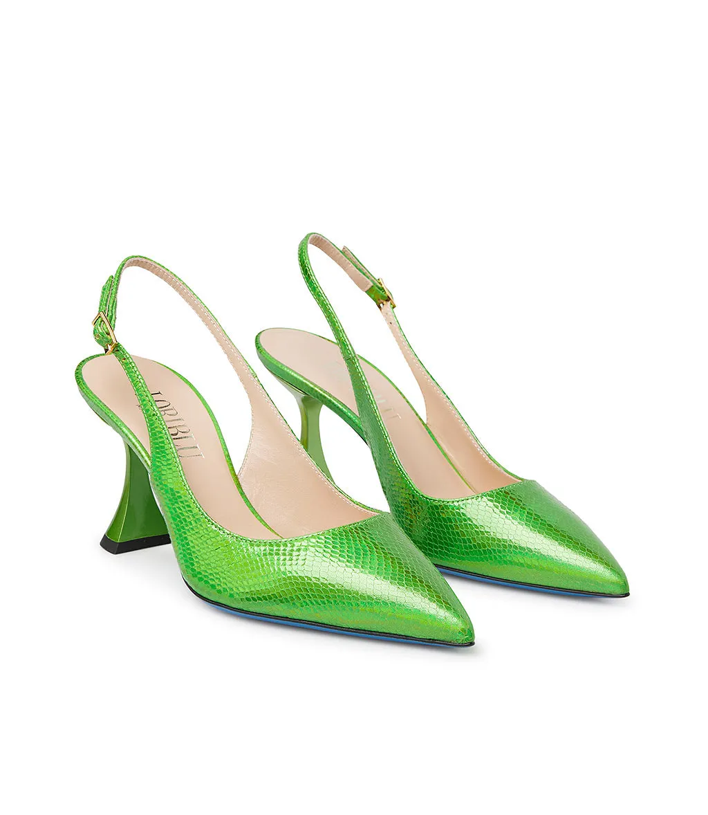 Green leather printed slingback pumps