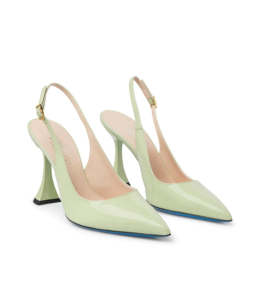 Green Patent Leather Slingback Pumps in Pistachio Color.