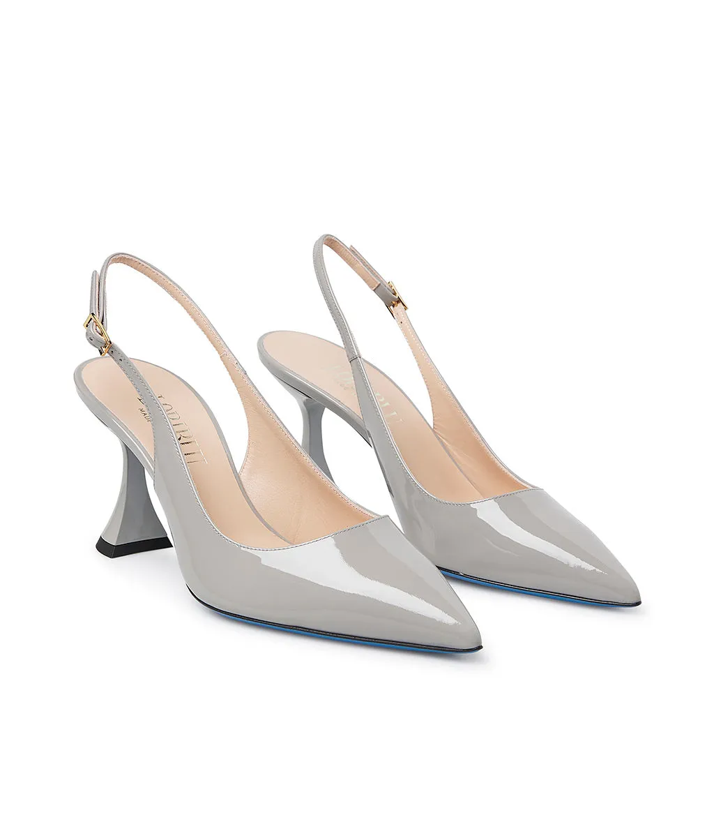 Grey patent leather slingback heels.