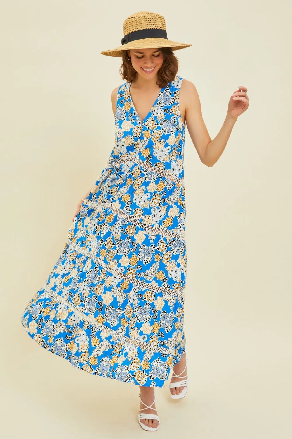 Printed Crochet Trim Maxi Dress by HEYSON.