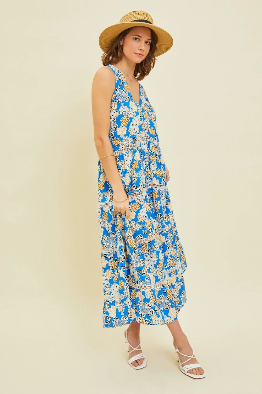 Printed Crochet Trim Maxi Dress by HEYSON.