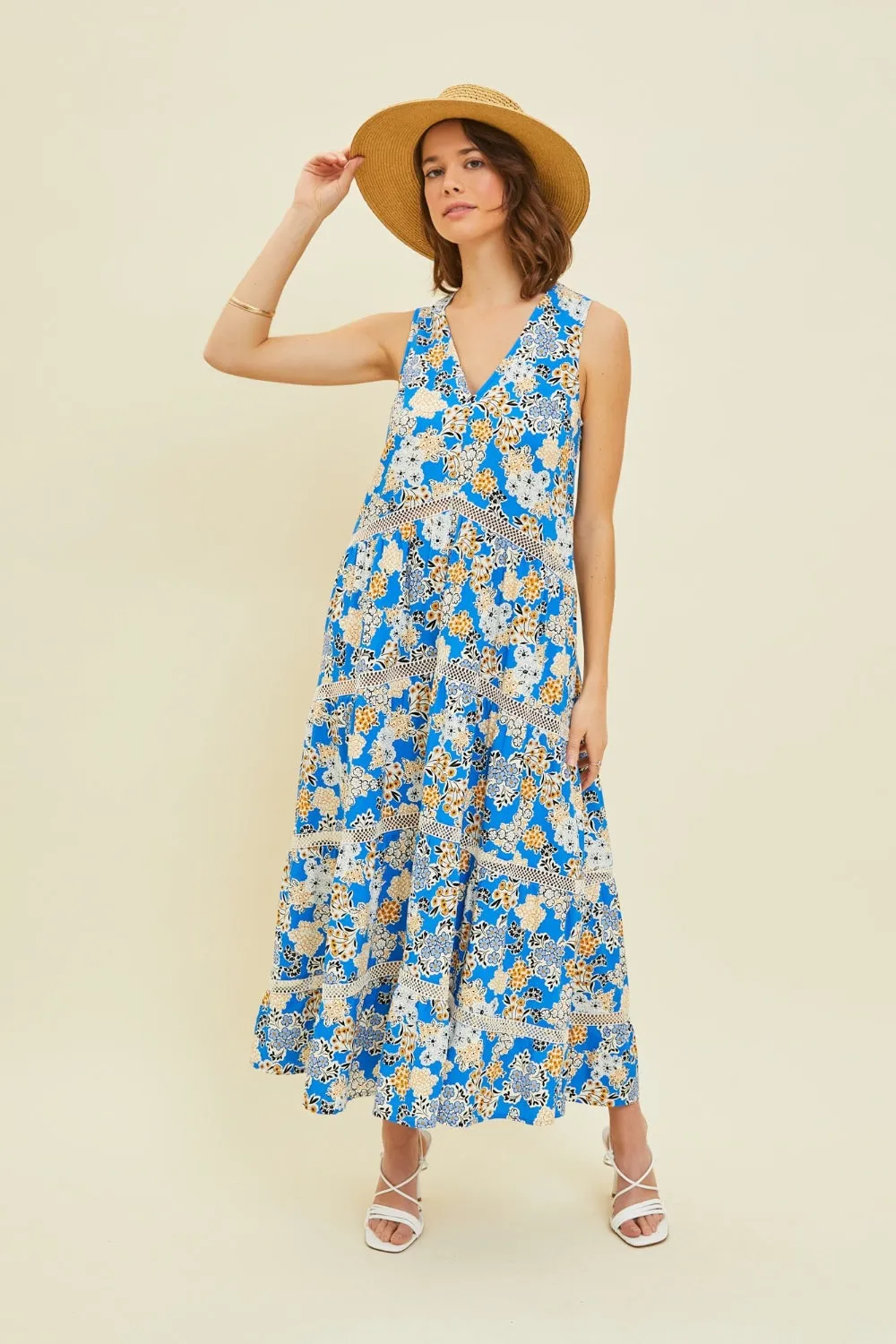 Printed Crochet Trim Maxi Dress by HEYSON.