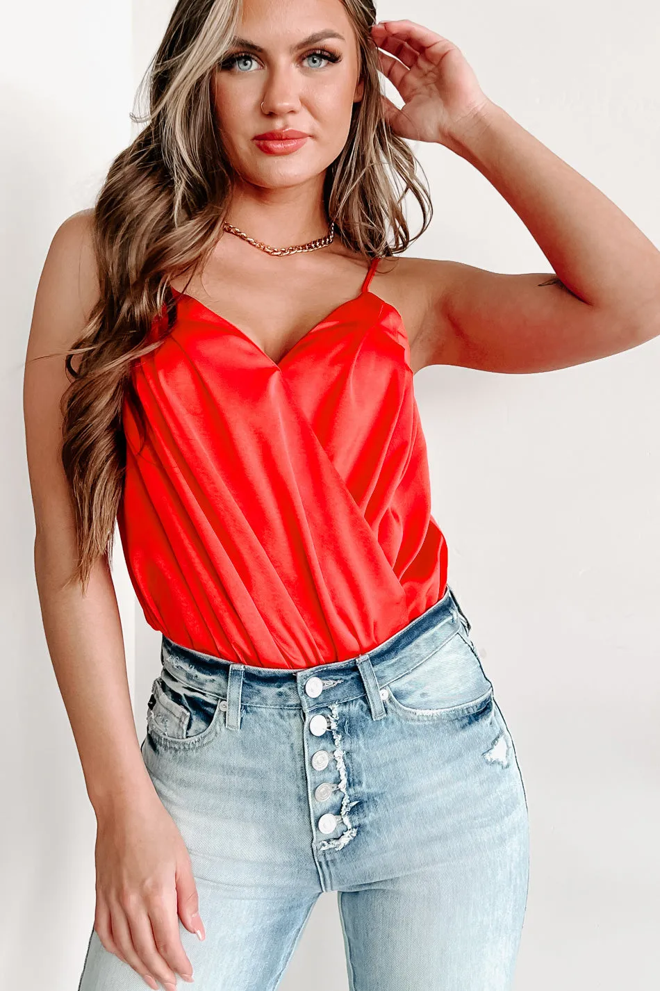 Hot Girl Energy Pleated Surplice Bodysuit (Scarlet)