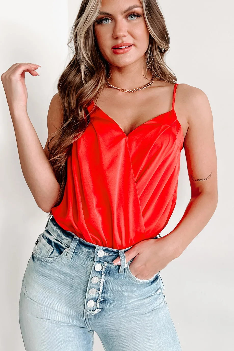 Hot Girl Energy Pleated Surplice Bodysuit (Scarlet)