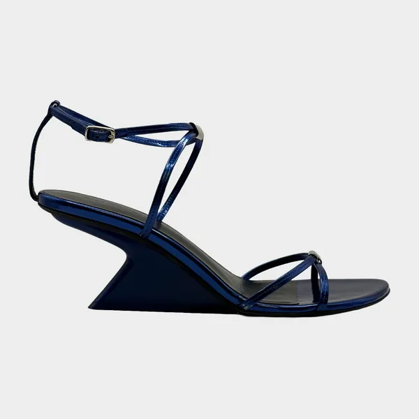 Khaite navy patent leather strappy wedges