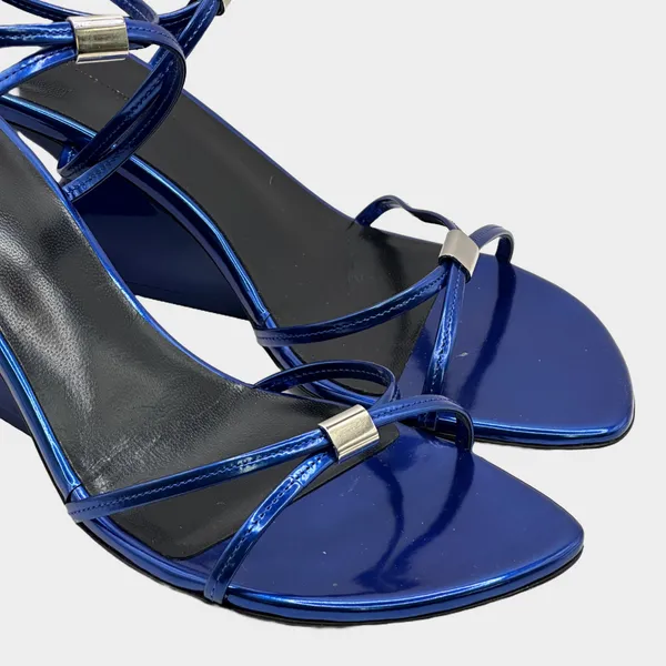 Khaite navy patent leather strappy wedges