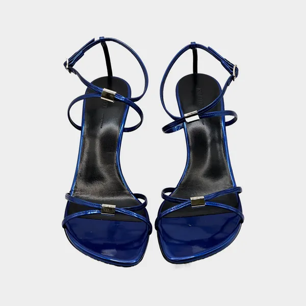 Khaite navy patent leather strappy wedges