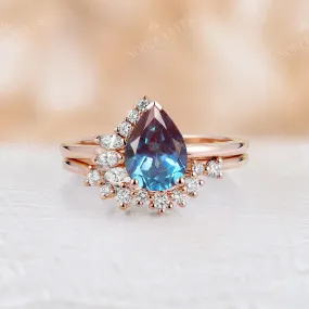 Lab Alexandrite Engagement Ring Set Cluster Curved Rose Gold Band