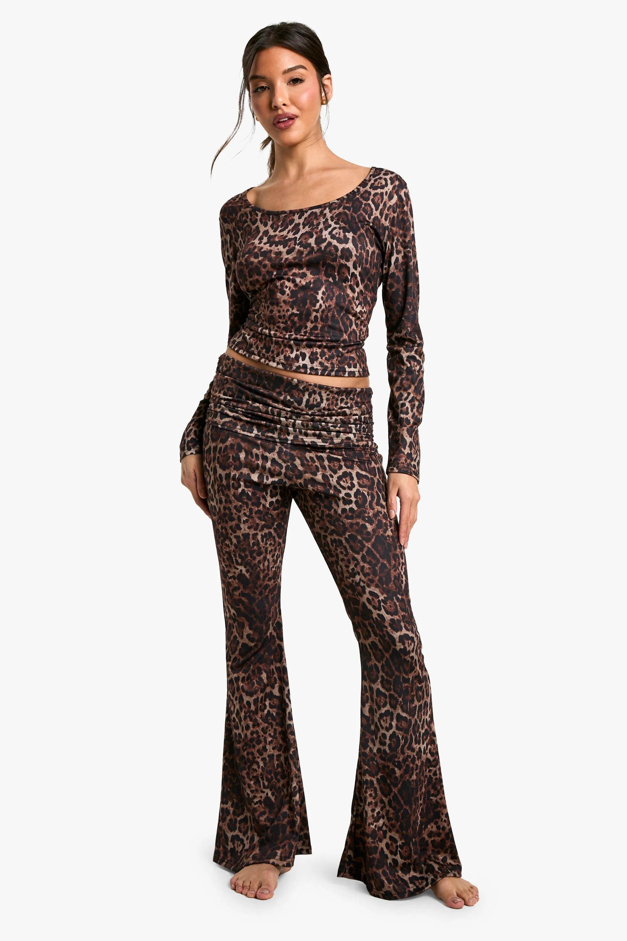 Leopard Print Fold over Flared Lounge Trousers