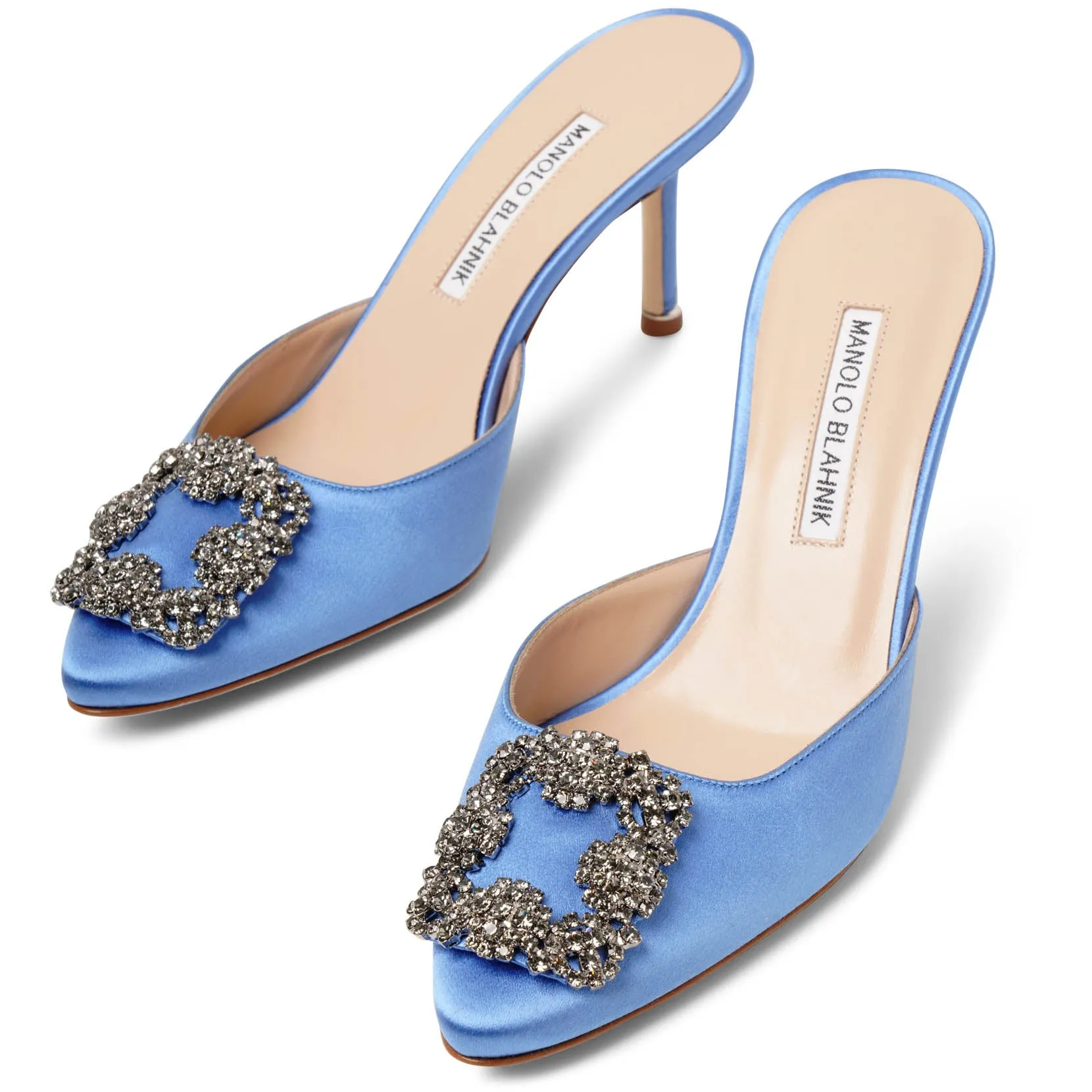 Manolo Blahnik Hangisimu 70 light blue satin mules