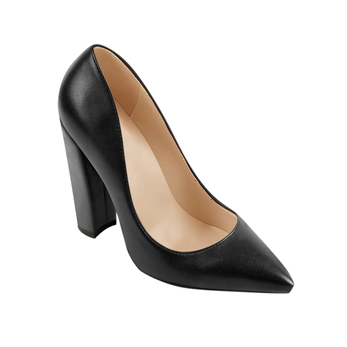 Classic Elegant Matte Black Chunky Heel Pointed Toe Pumps