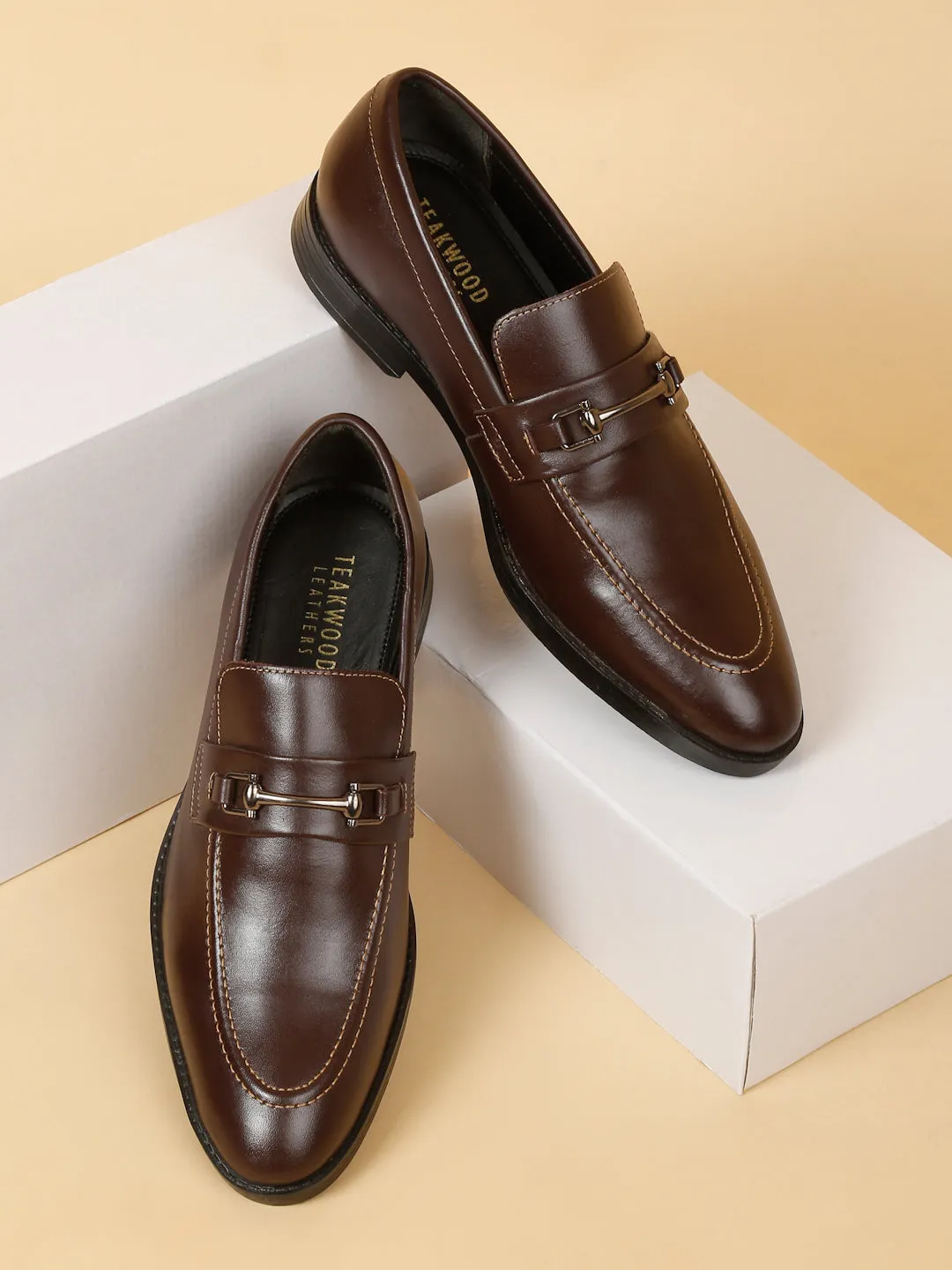 Men Brown Solid Leather Slip-On Formal Shoes