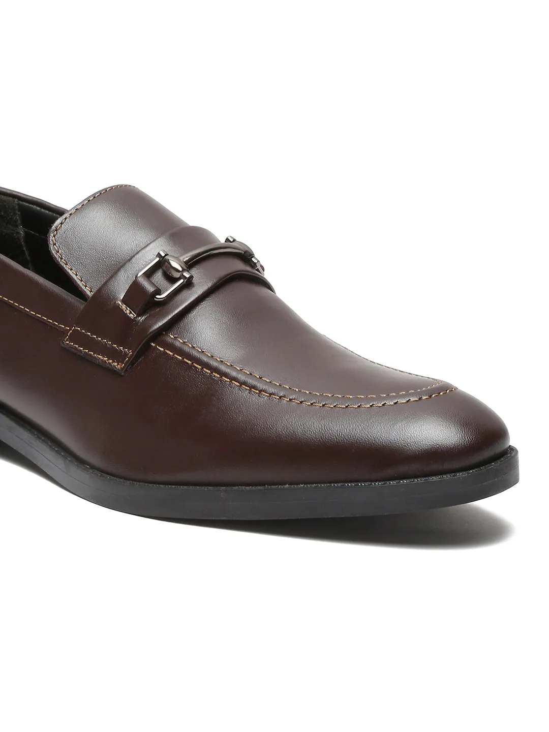 Men Brown Solid Leather Slip-On Formal Shoes