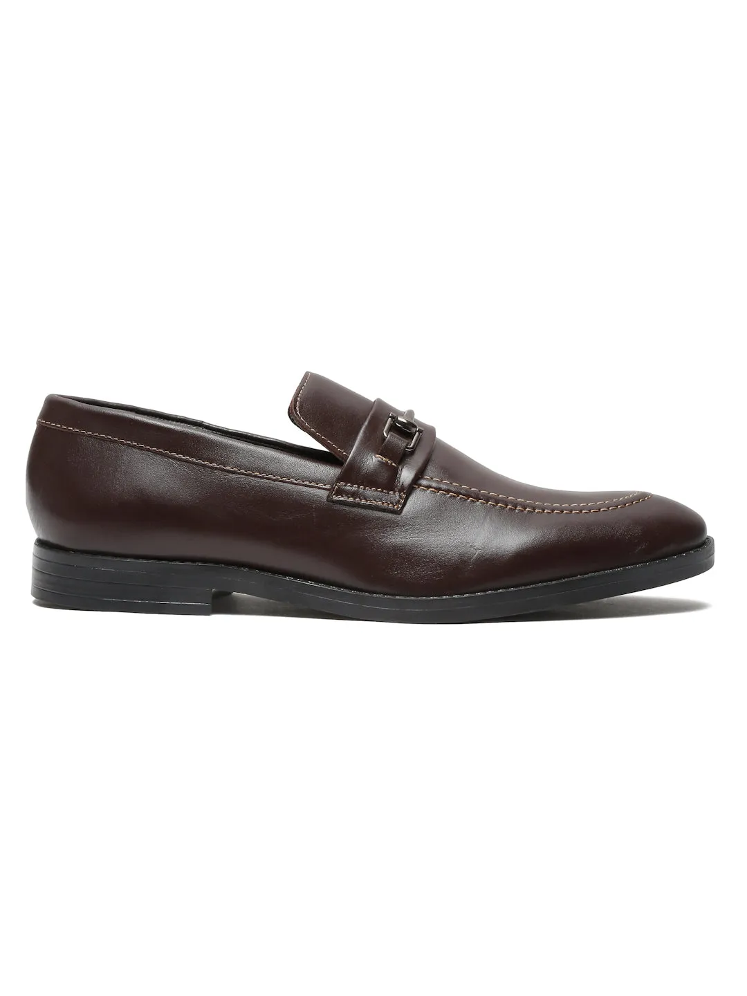 Men Brown Solid Leather Slip-On Formal Shoes